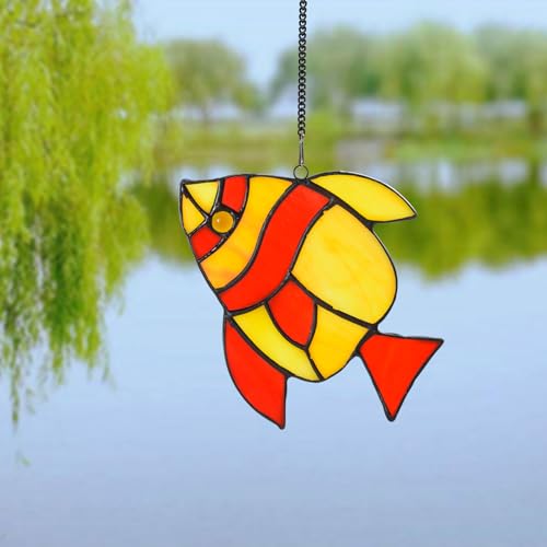 Pájaro Libélula Rosa Girasol Plumas De Pez Atrapasol Tiffany Vidriera Panel Colgante Decoración Navideña, Regalo De Cumpleaños De Vidrio Colorido para La Niña Amante,Fish