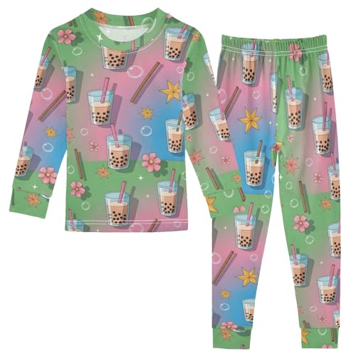 Pajama Sets Long Sleeve Bubble Tea Cups Flowers Stars Soft Comfy Sleepwear 2 Piece PJS 3-8T
