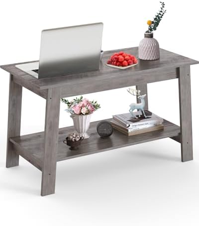 Coffee Table, 31.49 Inch Small Living Room Tables, 2-Tie Rustic Wood Tables for Living Room, Outdoors, Home Office, Bedroom, Apartment, Modern Industrial Style Rectangular Wood Table, Grey