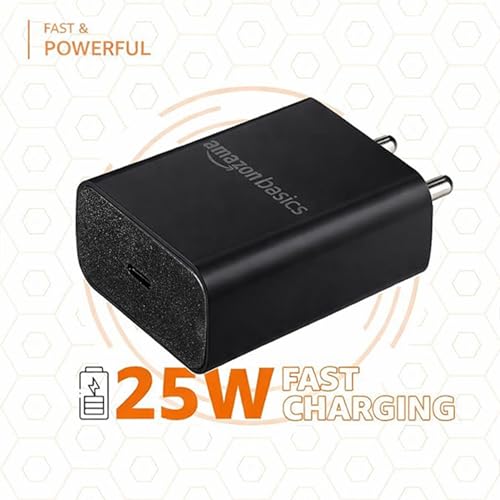 Image of Amazon Basics 25W Compact Wall Charger | Type-C Fast Charging Adapter for Samsung, Xiaomi Phones and iPhone (Black, Without Cable)