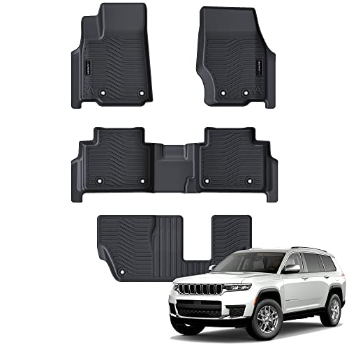 Auxko All Weather Floor Mats Fit for Jeep Grand Cherokee L 7 Seat(2nd Row Bench Seat) 2021-2025 2026 TPE Rubber Liners Accessories All Season Guard Odorless 3 Row Black