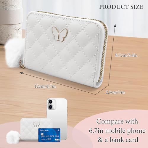 Womens Wallets, PU Leather Small Wallet Credit Card Holder for Women and Girls, Cute Wallet Purse Ladies Wallets with Fur Ball Zipper for Shopping, Dating, Travel (white)2