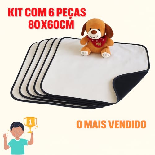 Tapete Higiênico Lavável para Cães, Kit com 6 Unidades, 80 x 60 cm, Branco, Base Impermeável