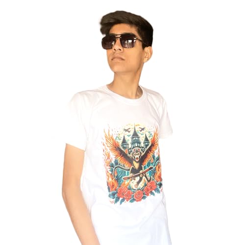 Image of White Printed T-Shirt for Men Pure Cotton Round Neck Half Sleeves Regular Fit