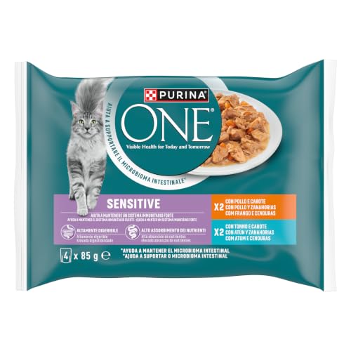PURINA ONE Sensitive Cibo Umido per Gatti Adulti Filettini in Salsa con Pollo, Tonno e Carote 48 Buste da 85g