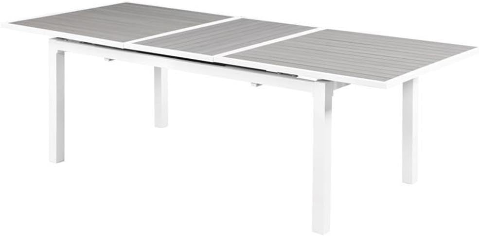 Pemberly Row Outdoor Extendable Patio Dining Table, 100.5" x 39" x 30", Gray Plastic Wood and White Aluminum, Contemporary Design, Includes Attachable Leaf, Ideal for Outdoor Entertaining