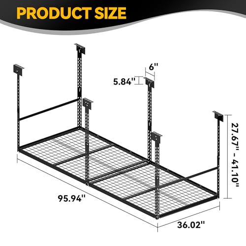 Image of 3x8 Ft Overhead Garage Storage Rack, 28-41 inch Height Adjustable Ceiling Mounted Organization Rack, 750 lbs Weight Capacity, 36 inchx96 inch Metal Rack for Garage Storage with Wire Decking