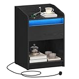 Hzuaneri Bedside Table with LED Light, Bedside Cabinet with Charging Station, 1 Storage Drawer Nightstand for Bedroom, Living Room, 2 USB Port, 2 Outlets, Open Compartment, Black NS04804X1UK