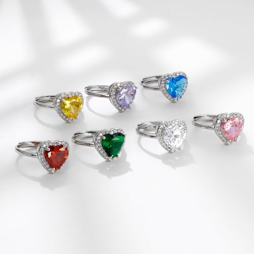 Heart Shaped Birthstone Rings for Women, Crystal Diamond Halo Open Bands Cubic Zirconia Rings Adjustable Wedding Band Engagement Ring Promise Rings for Her Anniversary Wedding Gifts2