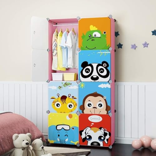 Image of 8 Door Kids Cartoon Wardrobe Storage Cabinet - DIY Modular Clothes Organizer with Hanging Cartoon Design Wardrobe with Multi for Bedroom, Living Room,Entryway