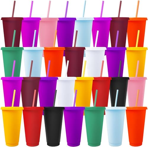 MSYU 30 Pack Tumbler with Straw and Lid Bulk, 24 oz Plastic Reusable Cups, Iced Coffee Travel Mug Cup, Water Bottle for Smoothie Party Birthday (Solid Color)
