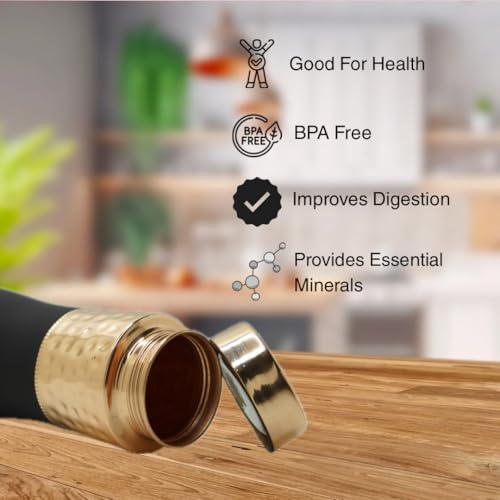Image of Pure Copper Water Bottle 1 Litre | BPA Free & Leak Proof | Copper-Infused Water | Durable & Rust Proof | Ayurveda Health Benefits - Hammered Finish (Brown Grip Sleeve)