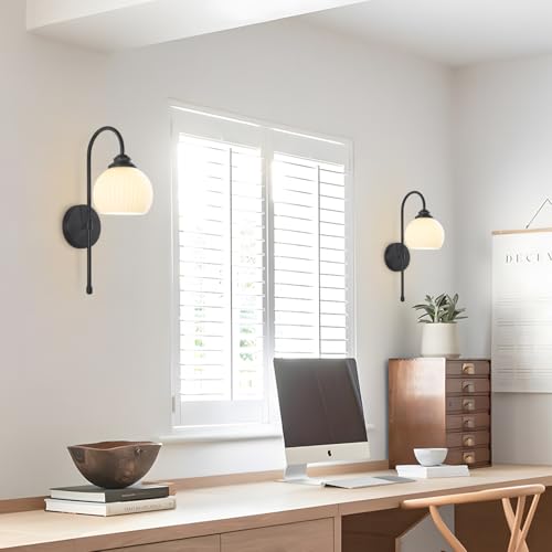 Image of KCO Lighting Vintage Milk Glass Wall Sconce Industrial Black Globe Wall Sconce Set of 2 Mid Century Bathroom Vanity Light Frosted Glass Modern Sconces Wall Lighting