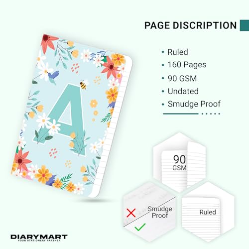 Image of Initial A Premium Soft Bound Notebook Diary for Girls and Women (B6, 90 GSM, 160 Ruled Pages) Floral Design Notebook Journal Diary