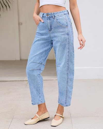 LookbookStore Barrel Jeans for Women High Waisted Cropped Wide Leg Trendy Baggy Distressed Stretchy Denim Jean Pants3