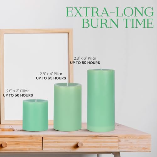 Image of D'Velas Pack of 3 Unscented Green Pillar Candles | Burn Time 50 /65 /80 Hours | Bonus 3oz Scented Travel Tin | Long-Lasting Paraffin Wax Candles for Home Decor, Festive Use & Events