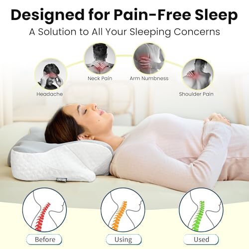 Image of CareFoam Butterfly Memory Foam Orthopedic Pillow with Arm Rest & Dual Height | Neck Head & Shoulder Support Effective for Sleep Disorders, Insomnia, Snoring & sleep Apnea | White & Grey Jacquard Cover