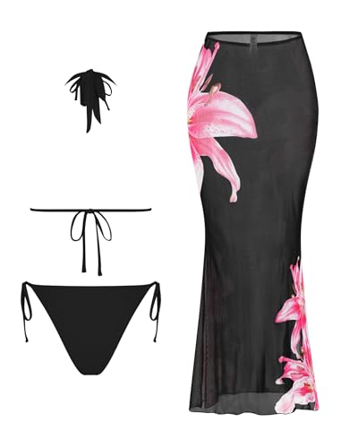 Image of ZAFUL Women's 3 Piece Floral Swimsuit Draped Neck Halter Bikini Tie Side Bathing Suit with Sheer Cover Up Skirt