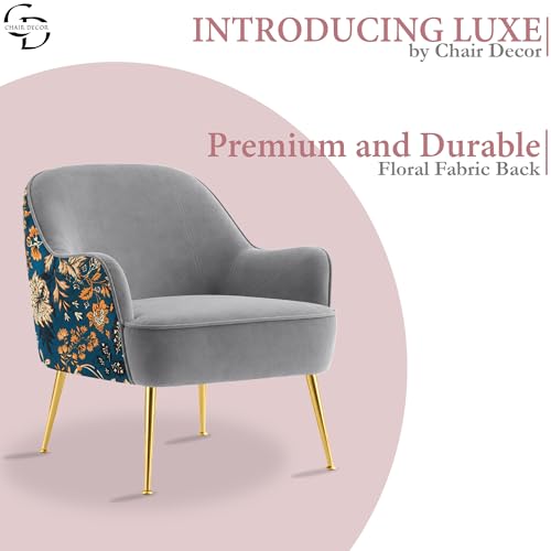 Image of Accent Chair with Ottoman | Modern Velvet Lounge Chair with Floral Designer Back | Upholstered Armchair for Living Room, Bedroom & Cafe | Golden Legs