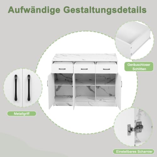 Merax Große Kücheninsel 120 x 60 x 90,5 cm mit Barbereich, Weißes Marmordesign, 3 Schubladen & 3 Türen, Verstellbare Einlegeböden, Ideal für Küchenzeile, Küchenschrank und Buffetschrank
