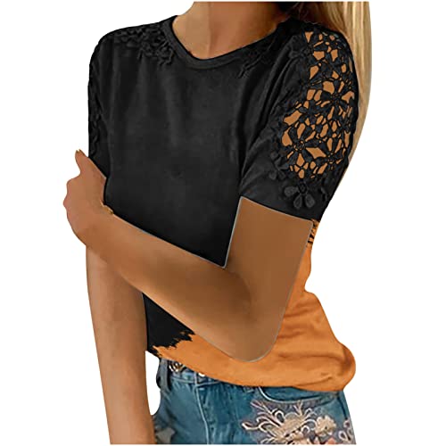 Cute Tops For Women Trendy Going Out Summer Short Sleeve Cold Shoulder T-Shirt Sexy Lace Crochet Tunic Blouse Tees Yellow #TOP15