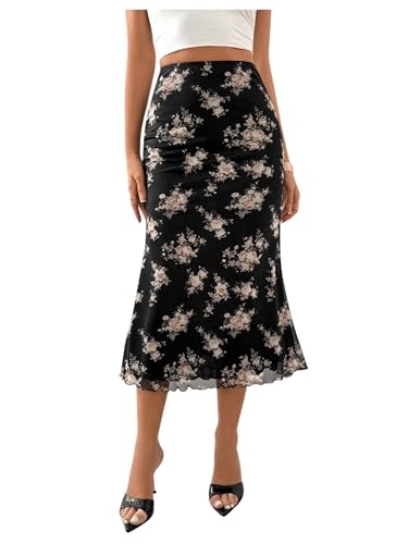 Verdusa Women's Floral Print Mesh Midi Skirt Boho High Waisted Bodycon Summer Skirts