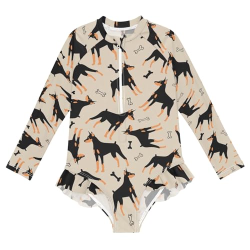 JHKKU Girls Long Sleeve Doberman Cartoon Dog Swimsuit One Piece Zipper Rash Guard Bathing Suit with UPF 50+ Sun Protection Ruffle Swimwear 3T