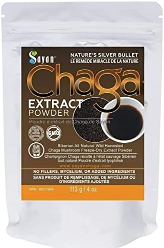 Sayan Siberian Wild Sustainably Harvest Organic Chaga Mushroom Extract Powder 4oz /113g Immune System and Energy Booster, Antioxidant Tea for Promoting Digestion, Focus, and Mental Clarity, Vegan Instant Coffee Mix