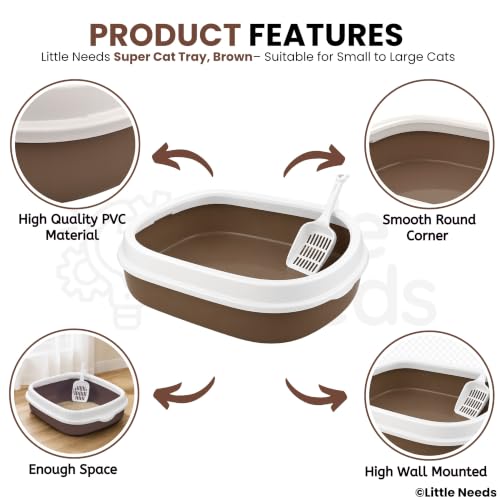 Image of Cat Litter Tray with Rim & Scooper (Brown, 46 x 38 x 13 cm) | Spacious Open Litter Box for Cats & Kittens | High Sides for Reduced Spills | Durable, Sturdy & Easy to Clean Toilet Tray