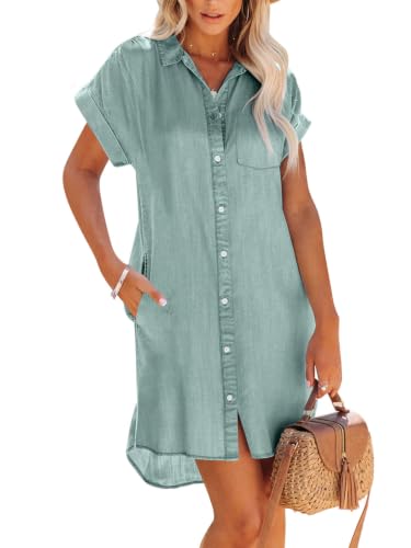 Image of Paintcolors Women's Long Sleeve Silk Denim Button Up Dresses Shirt Tunics Cover-ups Oversized Blouse Tops with Pockets