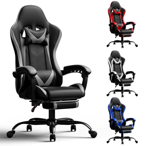 Image of Gaming Chair, Ergonomic Computer Chair with Footrest and Lumbar Support, Height Adjustable Video Game Chair with 360 Swivel Seat and Headrest for Office, Home, Streaming and Gaming (Grey)