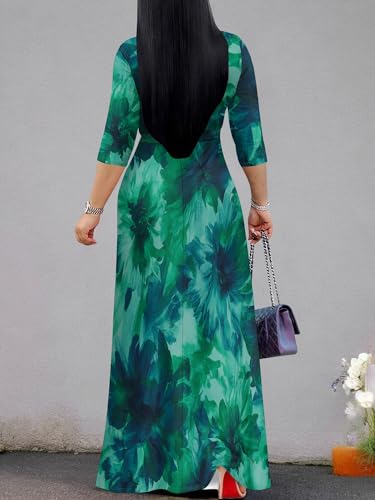 Image of Women's V Neck Floral Maxi Dress 3 /4 Sleeve Plus Size Boho Wrap Flowy Long Dresses with Belt
