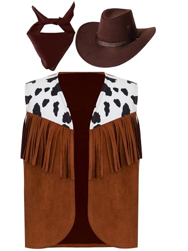 Kids Boys Girls Western Cowboy Cowgirls Outfits Cow Print Vest with Bandana Hats Set for Halloween Party