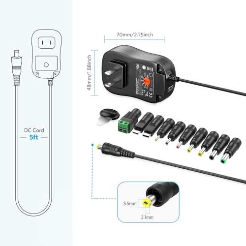 Belker 45W 5V 6V 7.5V 9V 12V 13.5V 15V Universal AC DC Power Supply Adapter for Household Electronics LED Light Strip - 1A 2A 3A 3000mA Amp - Fast USB Charging Port 5V 2A