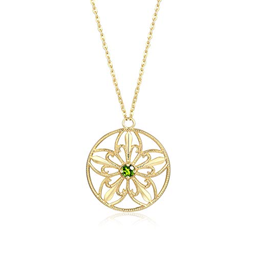 Collar de olivino natural largo para mujer con flor y acabado oro