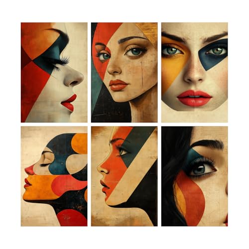Image of SiddArtify Modern Abstract Woman Wall Art Prints Set - Geometric Face Poster Decor for Living Room Bedroom Office - 12x18 inch Sticker Pack of 6