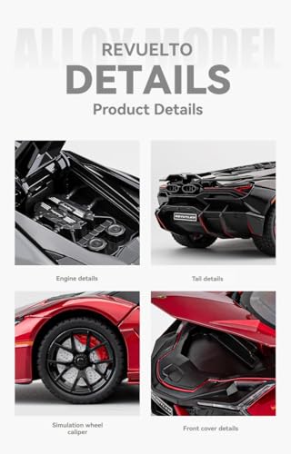 Image of Lamborghini Revuelto 1:24 Diecast Metal Car - Openable Doors, Sound & Light, Pull-Back Action, Realistic Collectible Toy Car for Kids &Adults,Premium Model RED Black