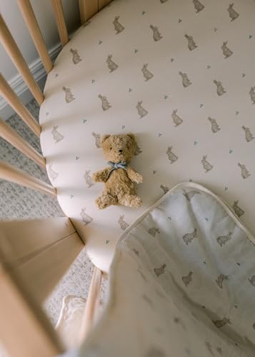 Image of Oilo Crib Sheet, Breathable Turkish Cotton Jersey Fitted, 300 Thread Count, Machine Washable, Designed for Standard Crib Mattresses and Toddler Beds (28 inch x 52 inch x 9 inch), Bunny