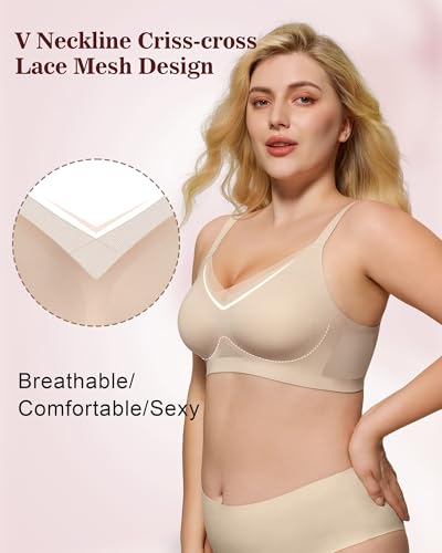 Womens Bra No Underwire Seamless Wireless Bra with Soft Support V Neck Mesh Bras Lace Bralette Everyday Bra2