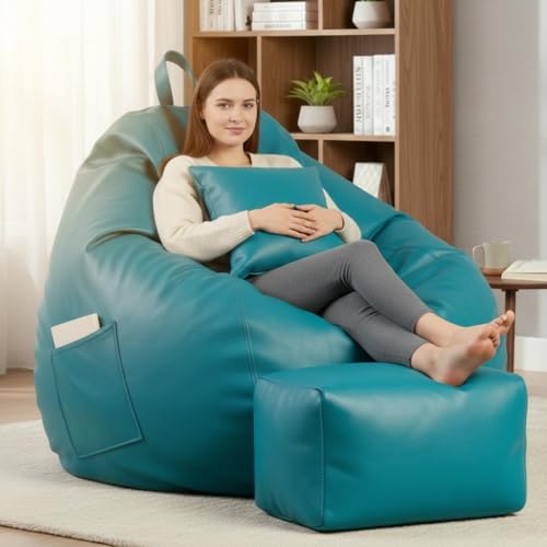 Image of KAM'S LIEU 5XL Luxury Faux Leather Bean Bag with Footrest & Cushion | Pre-Filled High-Density Polystyrene Beans | Premium Leatherette | 6 Months Warranty Color- (Aqua, with Footrest)