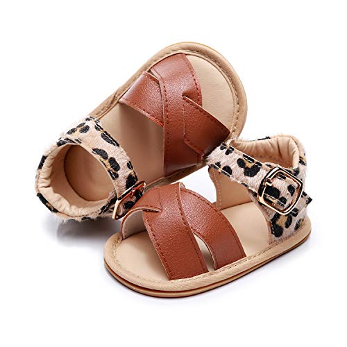 Baby Girls Sandals Rubber Sole Non-Slip Summer Outdoor Toddler Girl Sandals Flat Shoes Infant Cute Little Kids First Walker Shoes (18 Months-24 Months US, Leopardbrown)