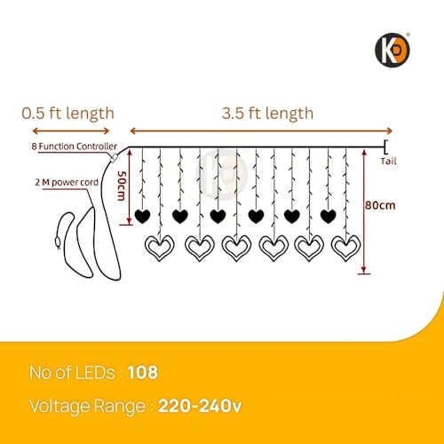 Image of K D 6 +6 Heart Warm Yellow 138 LEDs Curtain LED String Lights (3.5 ft Length + 0.5 FT Length After Adapter = 4ft) with 8 Modes Indoor Outdoor for Home, Diwali, Navratri (Heart 6+6 Warm Yellow)