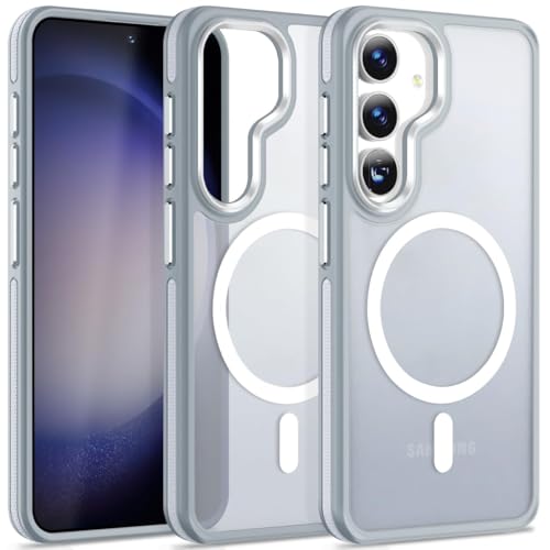 Image of MALEWOLF Case for Samsung Galaxy S25, Anti-Slip S25 Cover Compatible with Magsafe [Mil-Grade Shockproof] [Metal Camera Frame], Ultra Thin Translucent Matte Texture Galaxy S25 Phone Case (Grey /White)