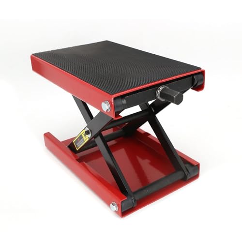 SUNNYNEST Motorcycle Lift 1100lb Motorcycle Scissor Lift Jack with Wide Deck & Safety Pin 4-13inch Center Hoist Crank Stand Steel Scissor Jack for Street Bikes Cruiser Bikes Touring Motorcycles (Red)