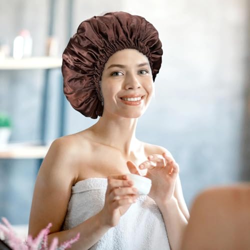 Image of Go Well Satin Bonnet for Curly Hair with Free Silk Pillow Covers and Scrunchies | Silk Bonnet for Hair | Combo of Pack of 2 Satin Pillowcases with 3 Silk Scrunchies Adjustable HairCap (Coffee)