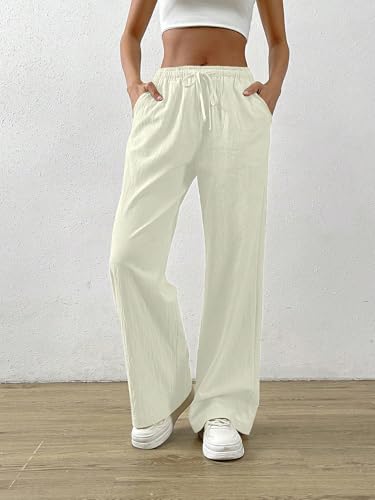 Image of TOPLOT Women's Linen Blend Wide Leg Palazzo Pants | Elastic Drawstring Waist Trousers for Woman | Relaxed Fit Casual Lounge Trousers | Breathable Straight Leg Everyday Bottom Wear (5268)