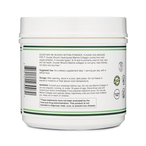 Double Wood Supplements Marine Collagen Powder (1 LB / 16 OZ of Quick Dissolve Marine Collagen Peptides) Wildcaught, Unflavored, Micronized - Scoop Included, No Fillers (38 Servings of 12 Grams Each)