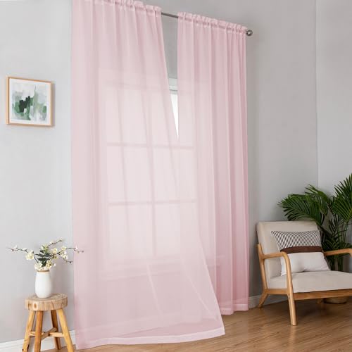 Image of OWENIE Extra Long Sheer Curtains 96 Inches Long, Rod Pocket Airy Solid Blush Sheer Panels, Elegant Voile Sheer Curtains & Drapes for Living Room Bedroom 2 Panels Set, Each 42Wx96L inch