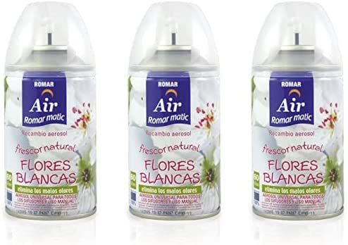 Pack 3 Recambios Aerosol Ambientador Spray Frescor Natural para Difusores y Manual, Esencia para hogar con Aroma Flores Blancas 250 ml