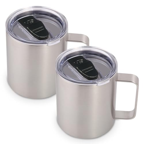 Volhoply Lot de 2 tasses à café isothermes en acier inoxydable avec couvercle – Tasse à café de voyage à double paroi avec poignée – Gobelet isotherme réutilisable en métal pour le camping – Cadeau de